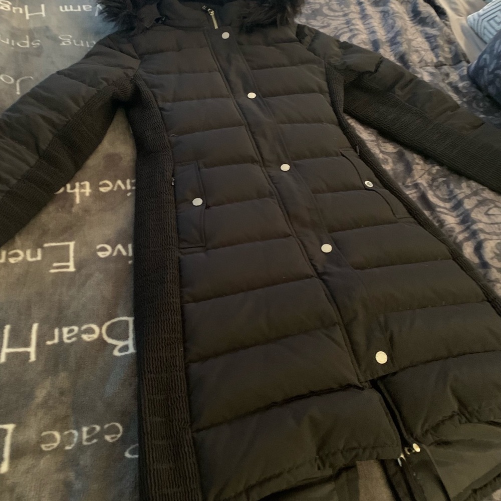 Express Black Coat with Fur hoodie! Size small